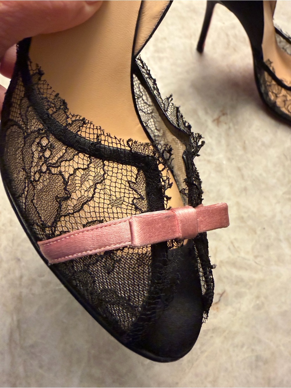 Gently worn Christian Louboutin Black Lace Pointed Toe Pumps with Pink Bow - Picture 5 of 10